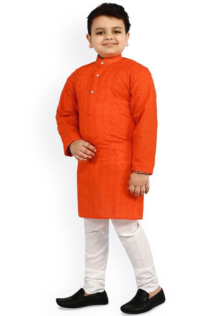 Orange Embroidered Blended Kurta Set For Boys - Indya