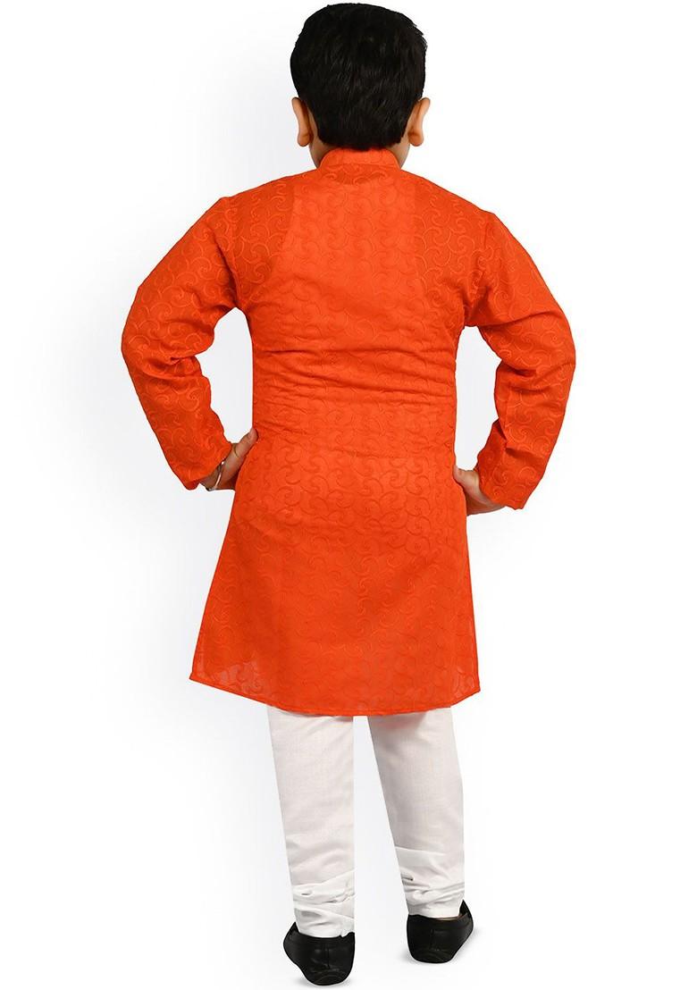 Orange Embroidered Blended Kurta Set For Boys - Indya