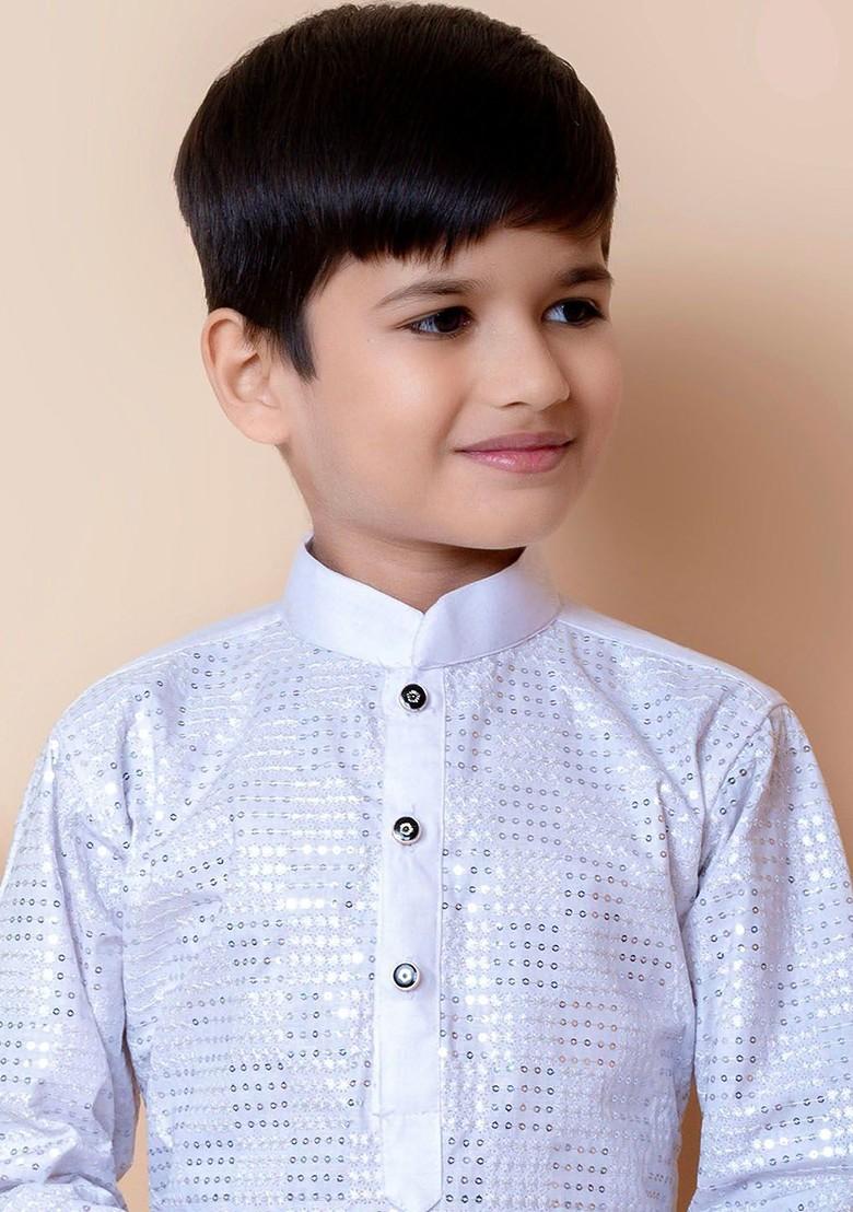 White Embroidered Cotton Kurta Set For Boys - Indya