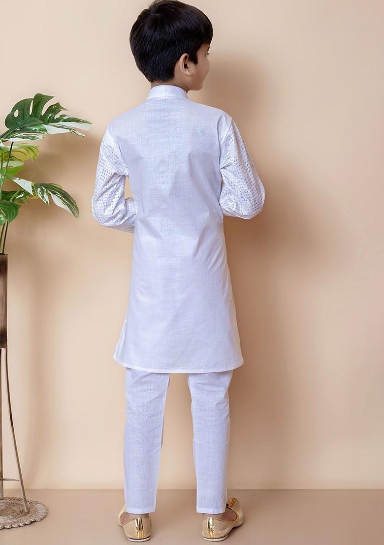 White Embroidered Cotton Kurta Set For Boys - Indya