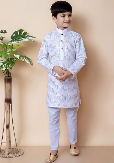 White Embroidered Cotton Kurta Set For Boys — view on Indya