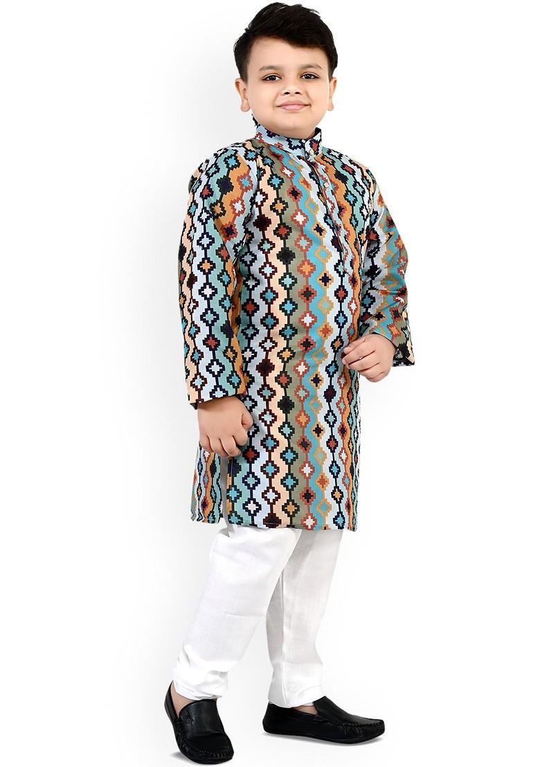 Blue Printed Blended Kurta Set For Boys - Indya