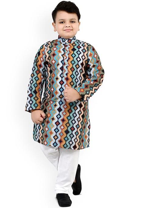Blue Printed Blended Kurta Set For Boys — view on Indya