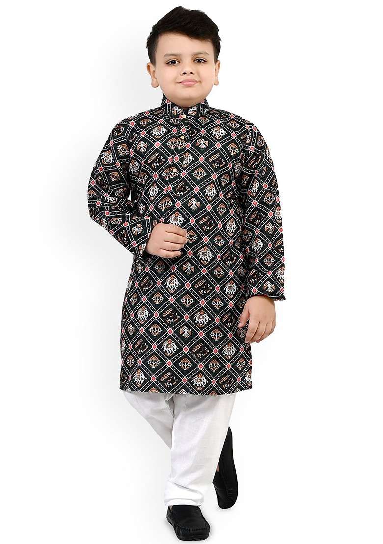 Black Printed Blended Kurta Set For Boys - Indya