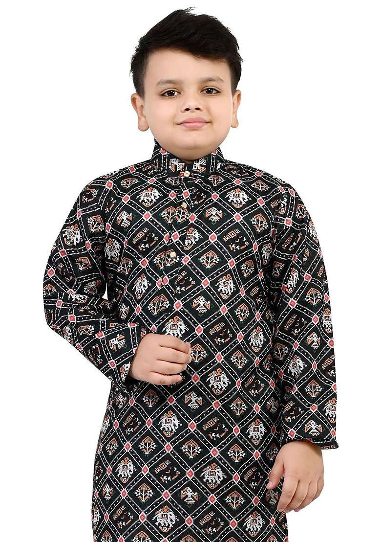 Black Printed Blended Kurta Set For Boys - Indya