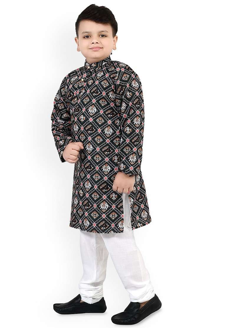 Black Printed Blended Kurta Set For Boys - Indya