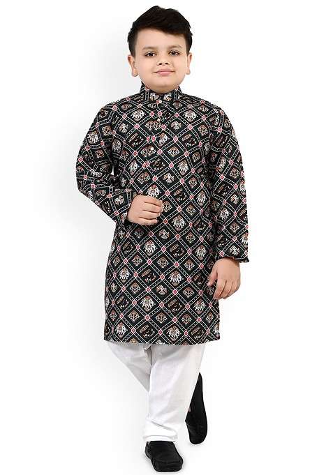 Black Printed Blended Kurta Set For Boys