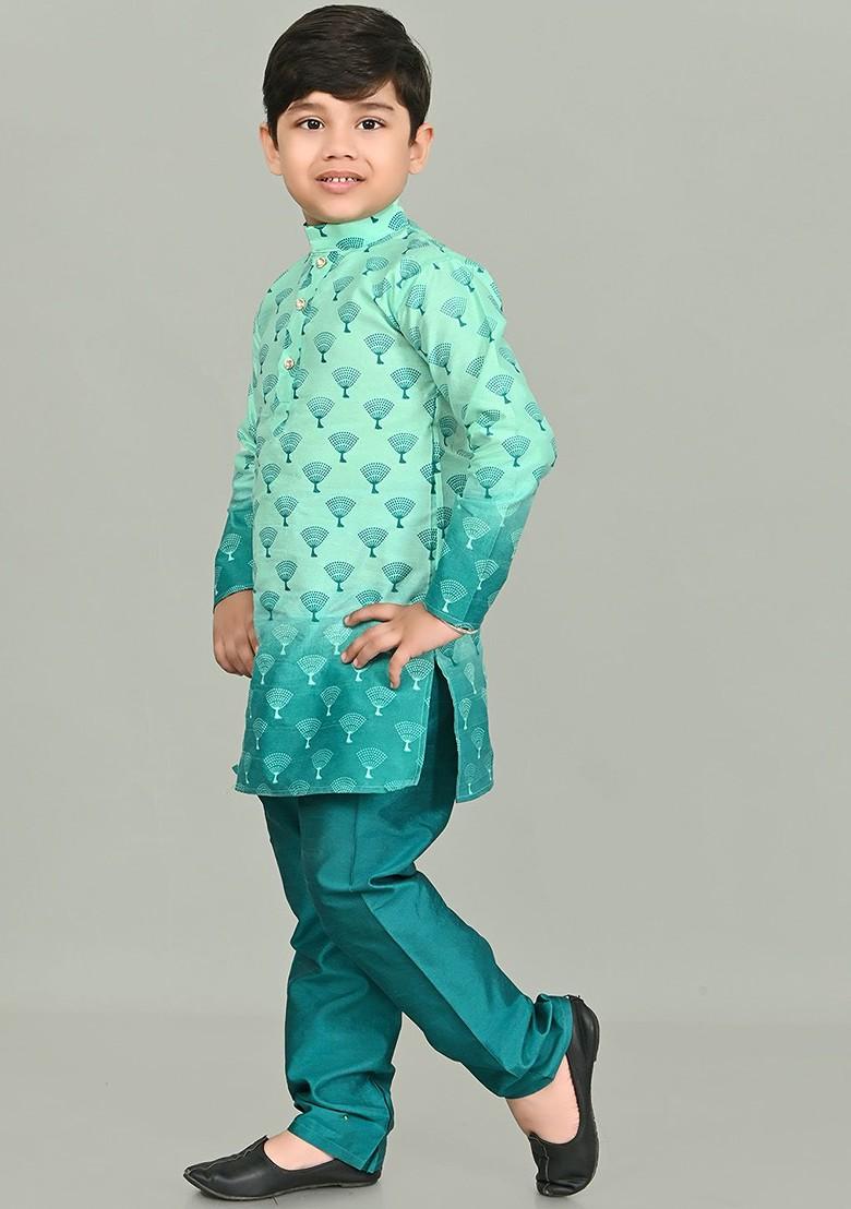 Sea Green Printed Silk Kurta Set For Boys - Indya