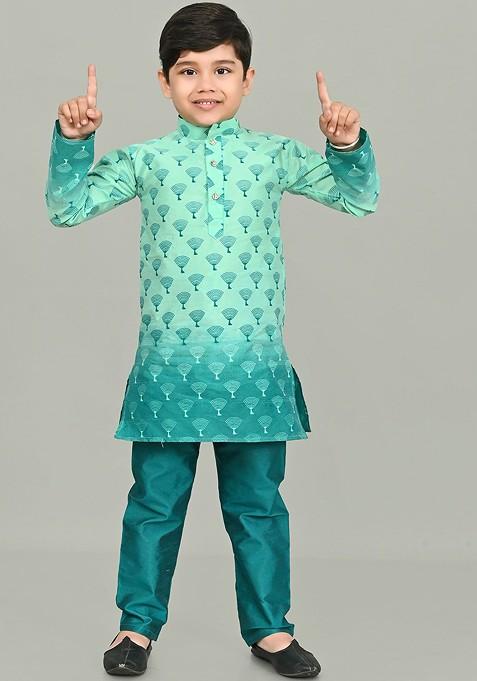 Sea Green Printed Silk Kurta Set For Boys — view on Indya