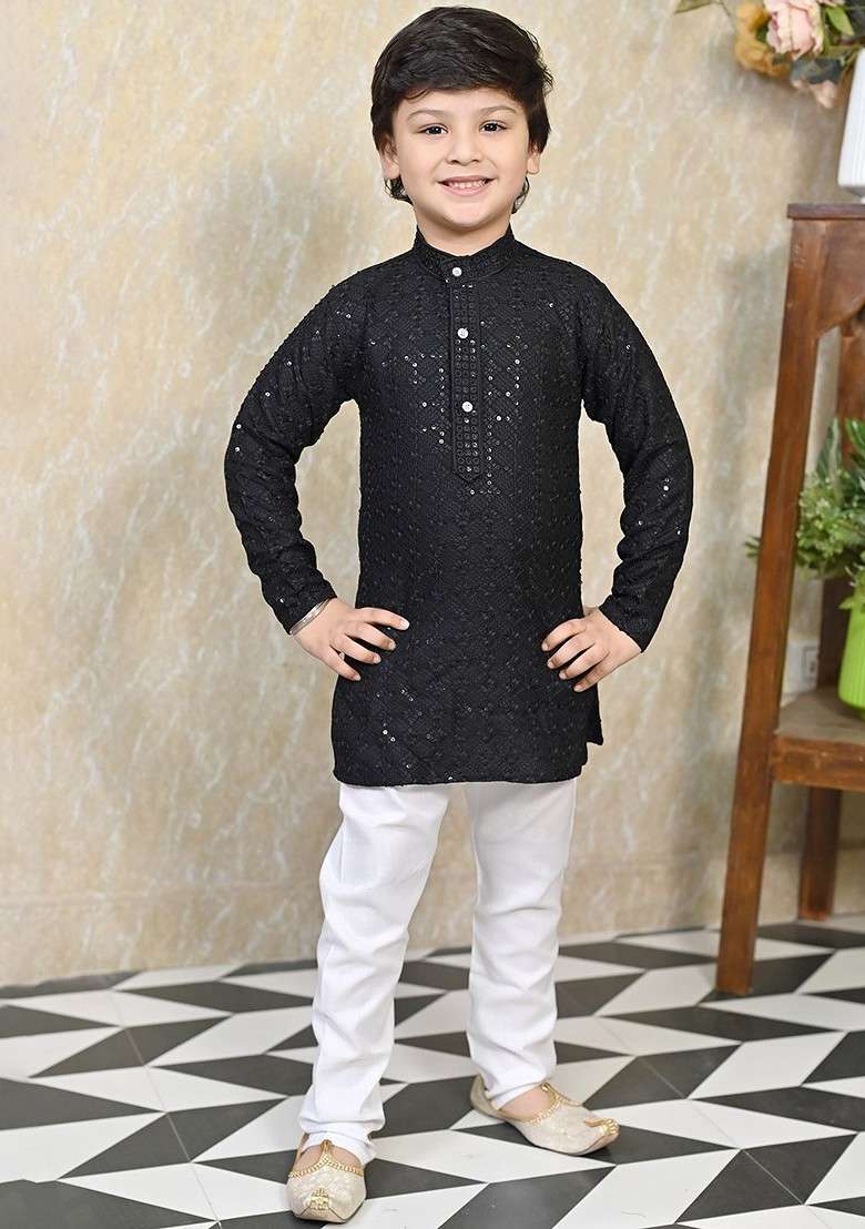 Black Embroidered Blended Kurta Set For Boys - Indya