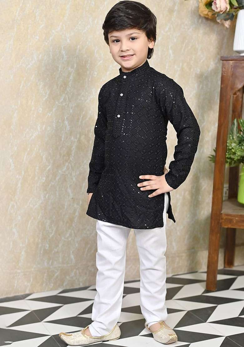 Black Embroidered Blended Kurta Set For Boys - Indya