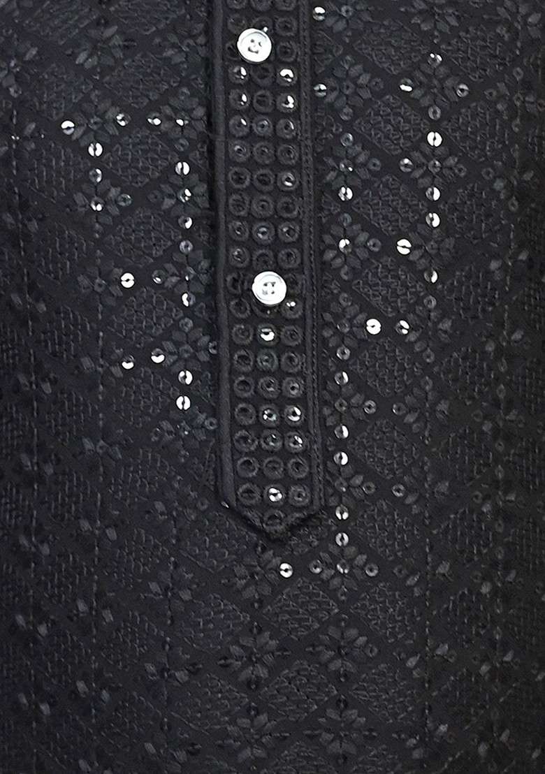 Black Embroidered Blended Kurta Set For Boys - Indya