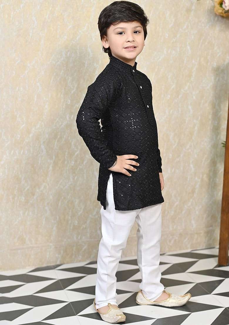 Black Embroidered Blended Kurta Set For Boys - Indya
