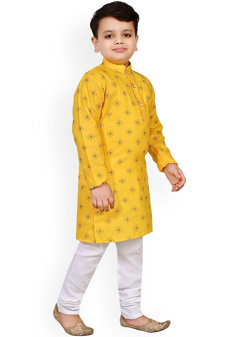 Yellow Printed Cotton Kurta Set For Boys - Indya