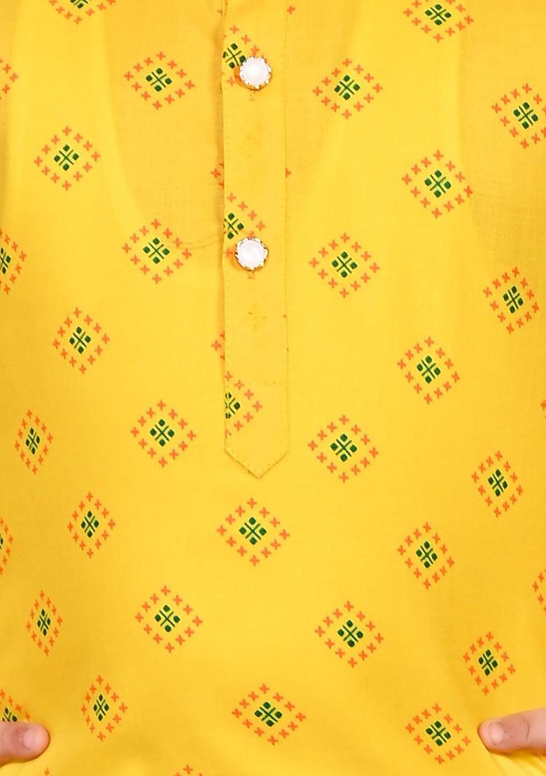 Yellow Printed Cotton Kurta Set For Boys - Indya