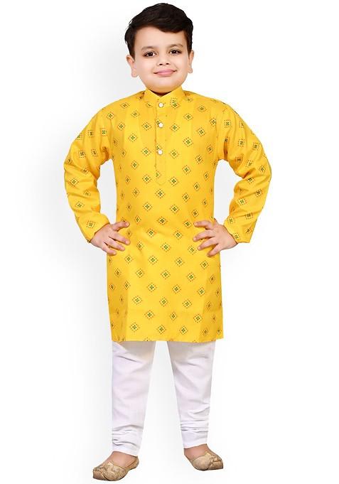 Yellow Printed Cotton Kurta Set For Boys — view on Indya