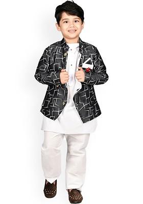 Black Embroidered Blended Kurta Set For Boys