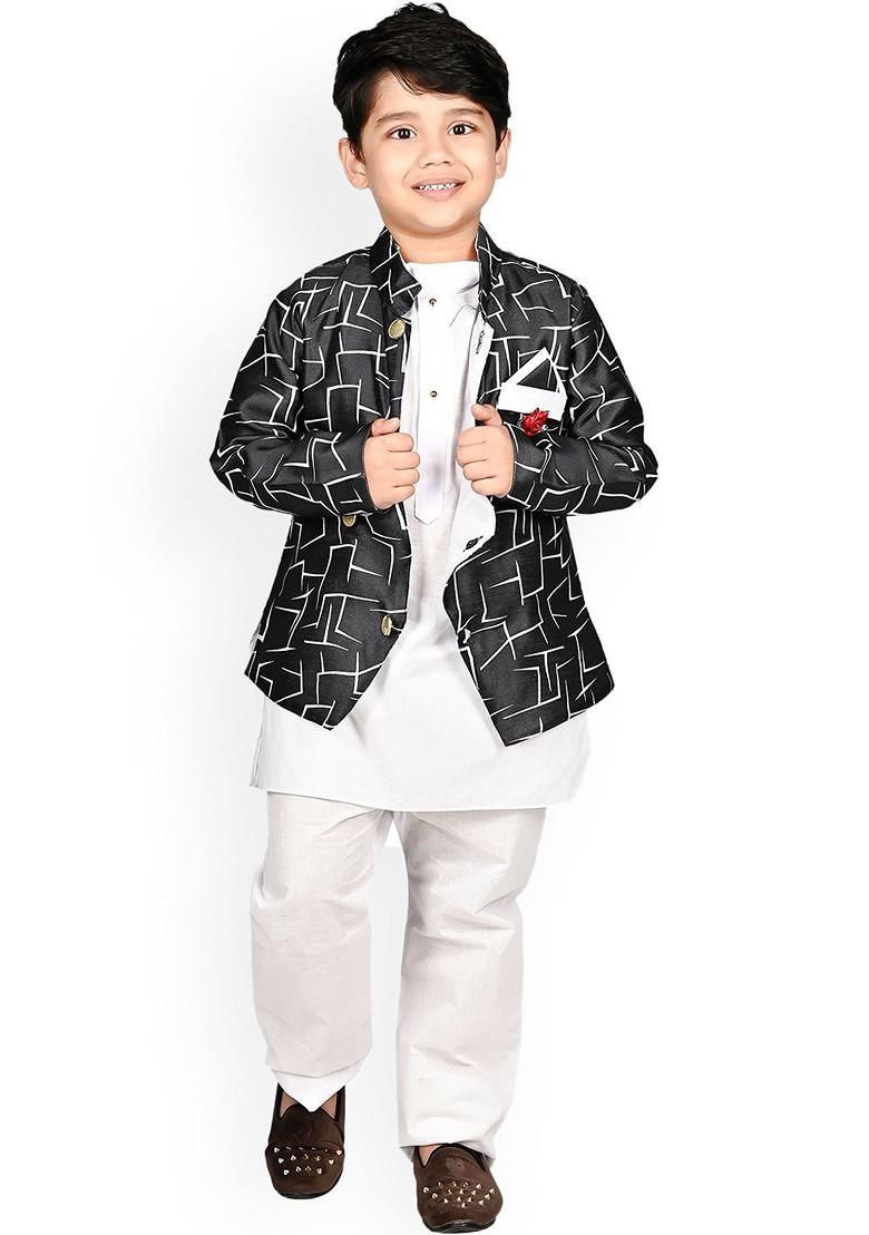 Black Embroidered Blended Kurta Set For Boys - Indya