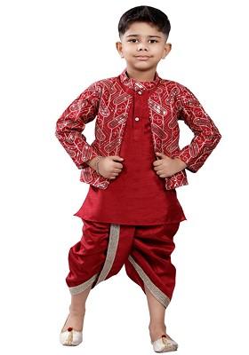 Red Embroidered Blended Nehru Jacket Set For Boys