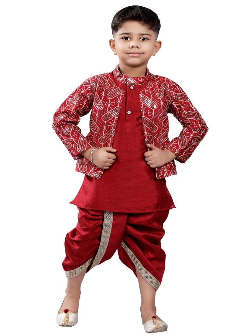 Red Embroidered Blended Nehru Jacket Set For Boys - Indya