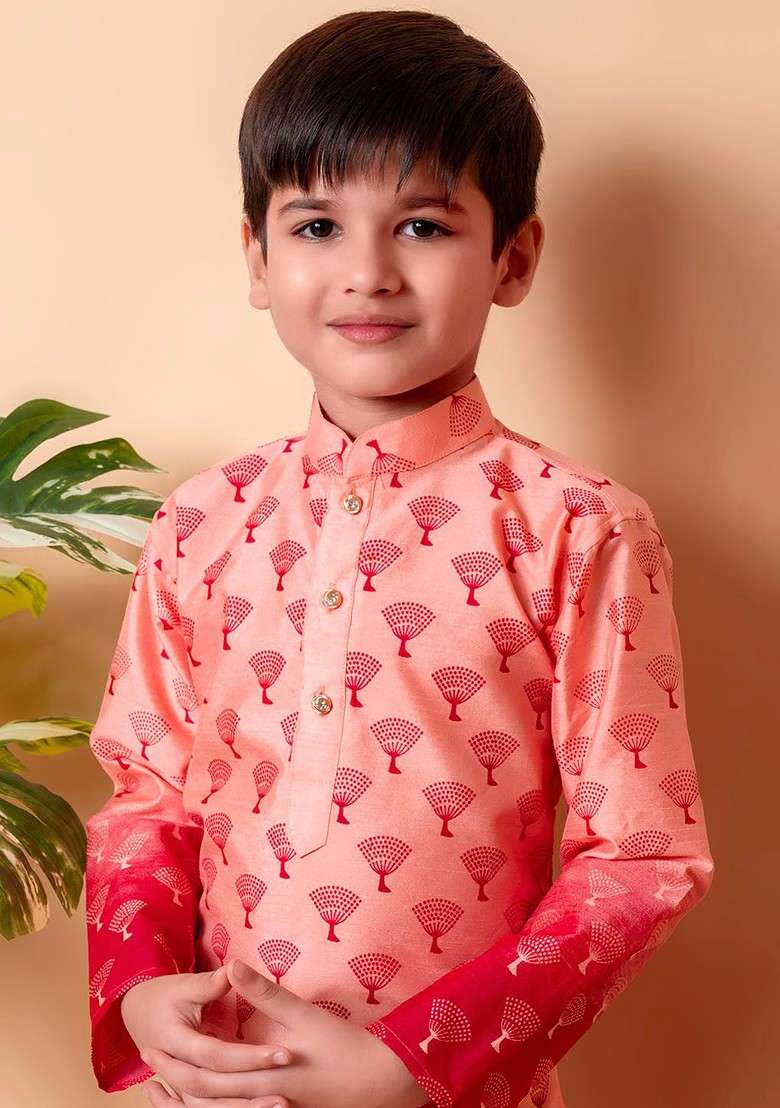 Peach Printed Silk Kurta Set For Boys - Indya