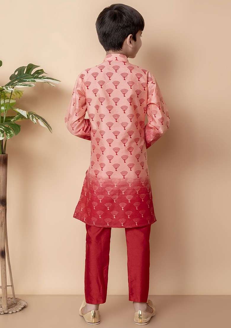 Peach Printed Silk Kurta Set For Boys - Indya