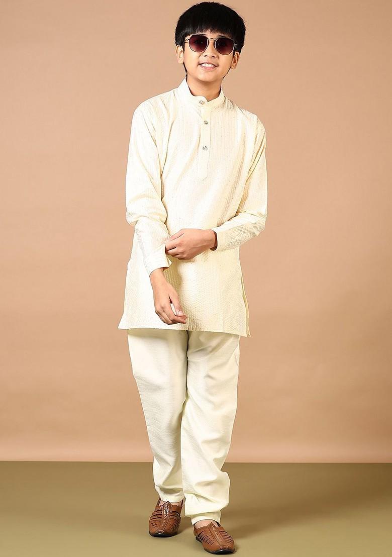 Cream Self Design Blended Kurta Set For Boys - Indya