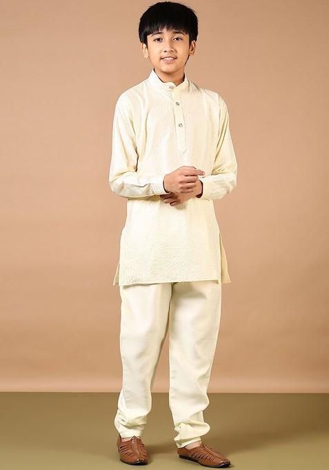 Cream Self Design Blended Kurta Set For Boys — view on Indya