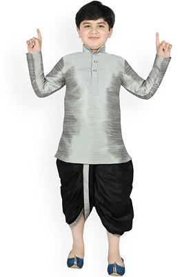 Silver Solid Blended Kurta Dhoti Set For Boys