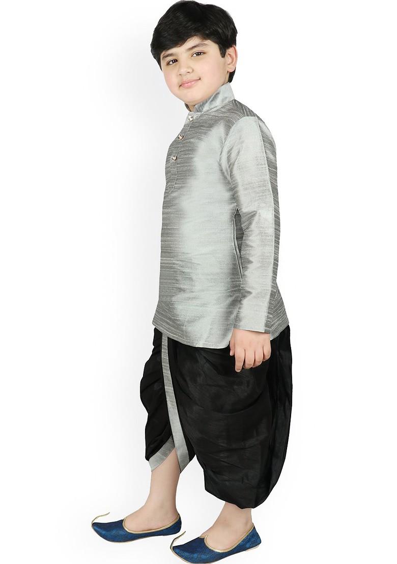 Silver Solid Blended Kurta Dhoti Set For Boys - Indya