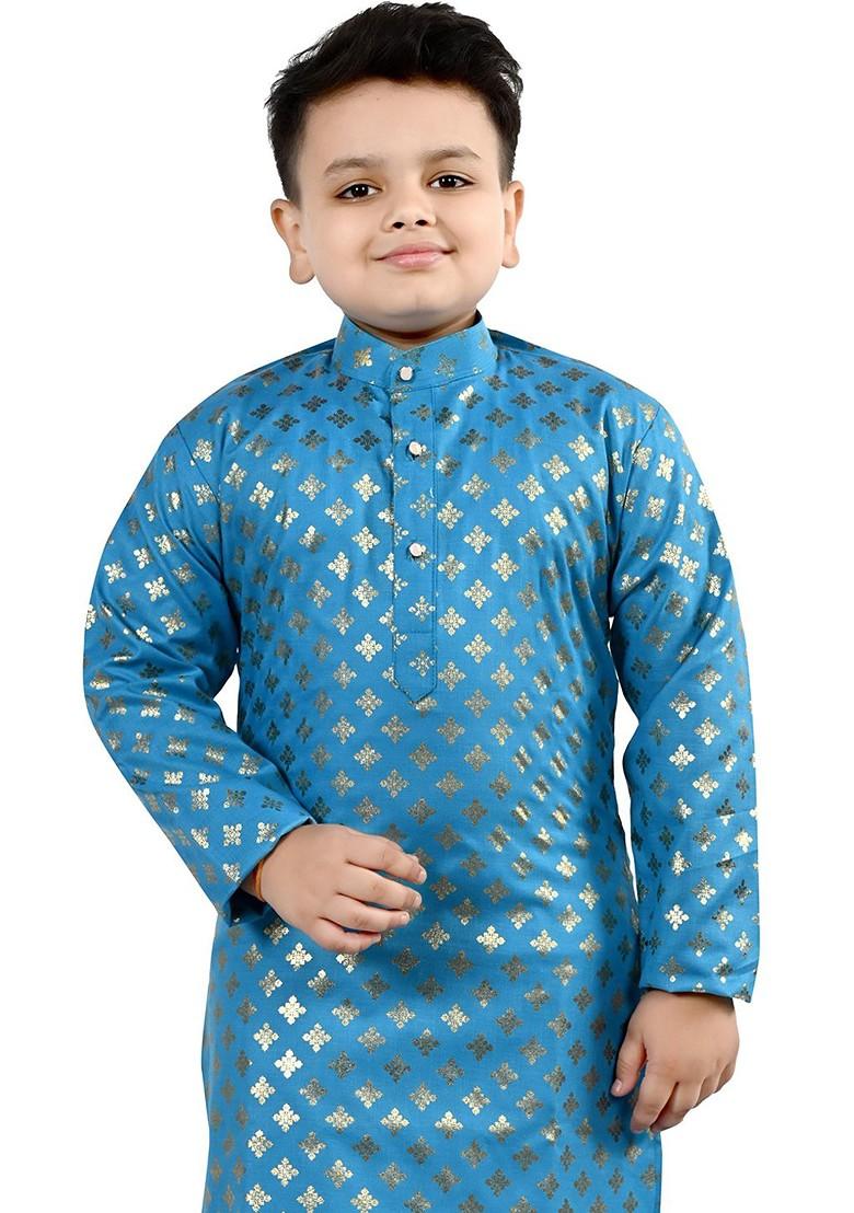 Blue Printed Blended Kurta Set For Boys - Indya