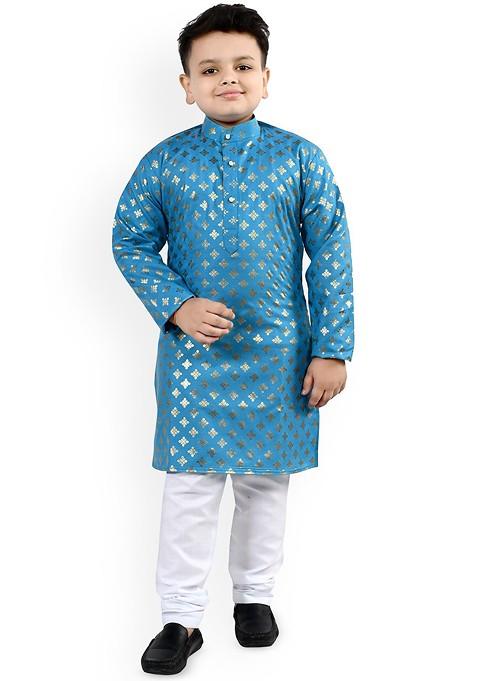 Blue Printed Blended Kurta Set For Boys — view on Indya
