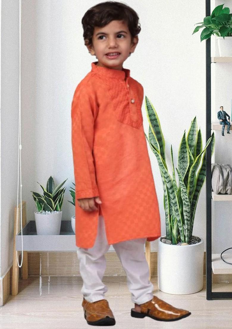 Orange Embroidered Blended Kurta Set For Boys - Indya