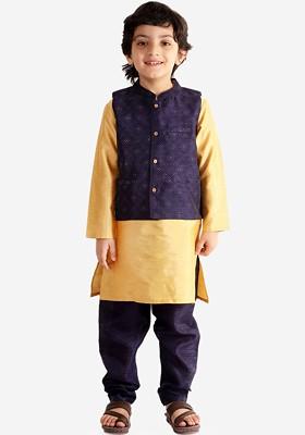 Navy Blue Embroidered Blended Nehru Jacket Set For Boys
