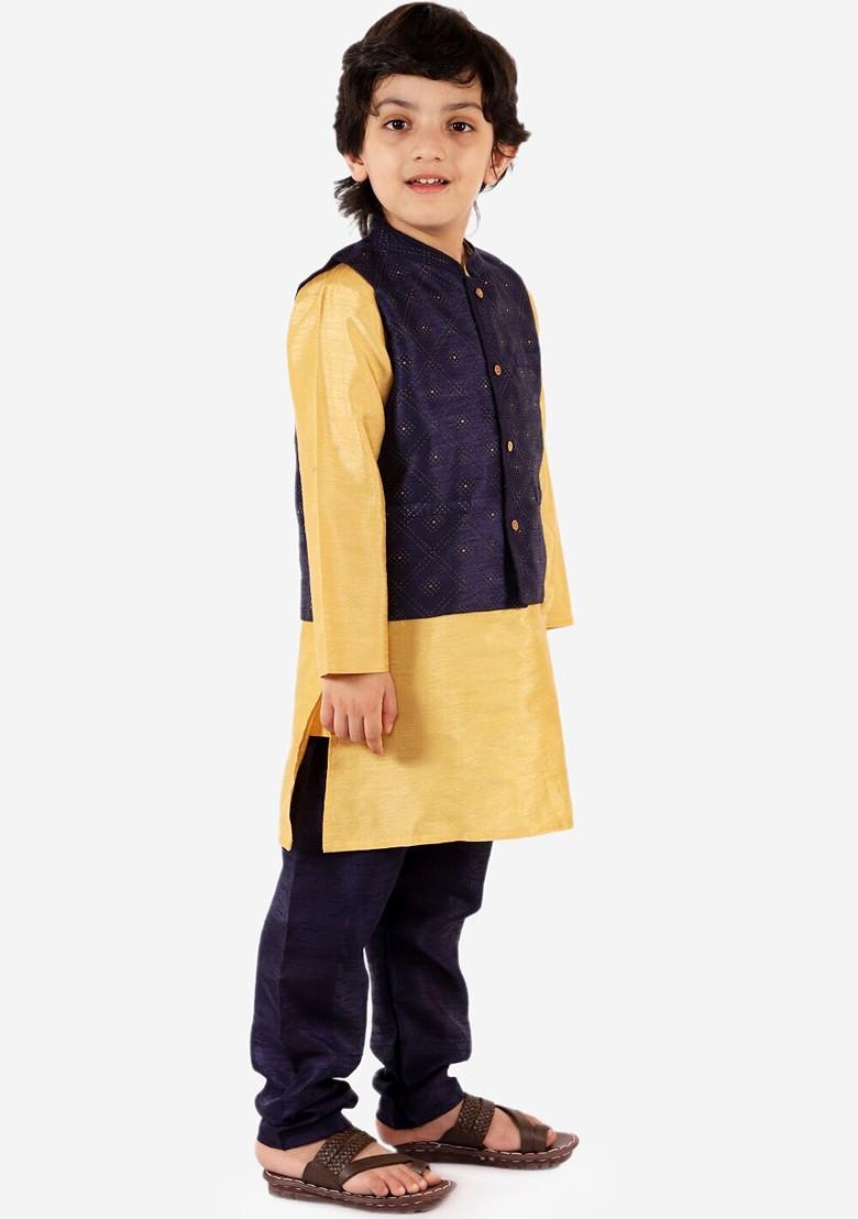 Navy Blue Embroidered Blended Nehru Jacket Set For Boys - Indya
