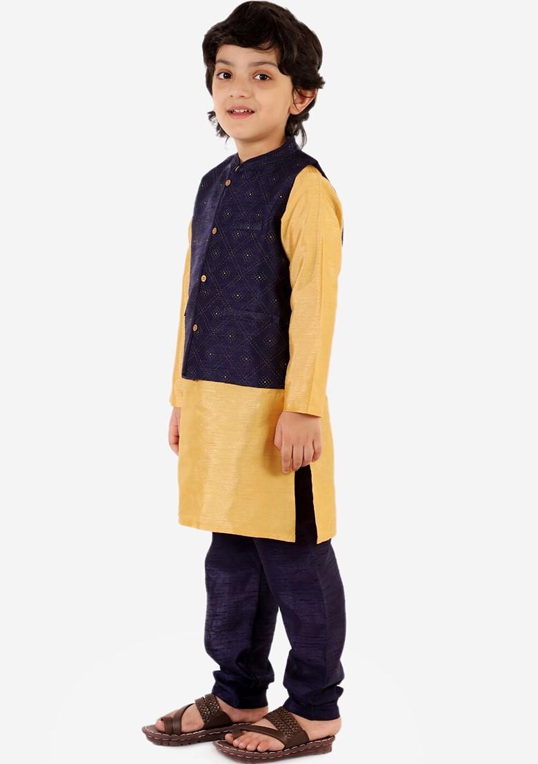 Navy Blue Embroidered Blended Nehru Jacket Set For Boys - Indya