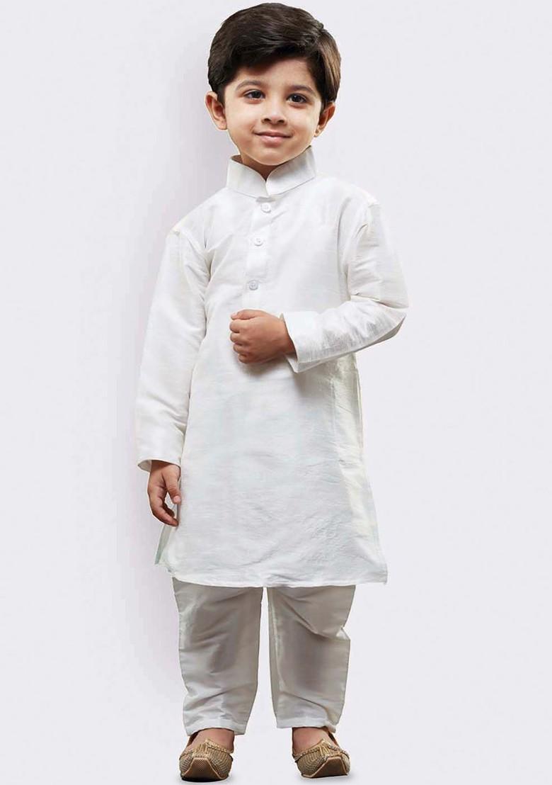 White Solid Blended Kurta Set For Boys - Indya