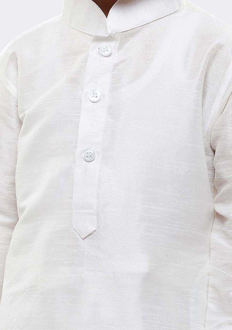 White Solid Blended Kurta Set For Boys - Indya