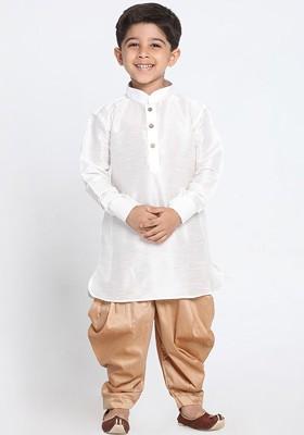 White Embroidered Blended Kurta Dhoti Set For Boys