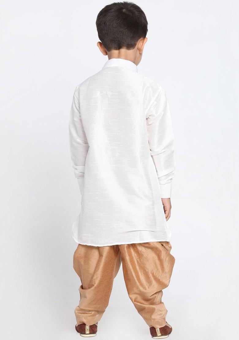 White Embroidered Blended Kurta Dhoti Set For Boys - Indya