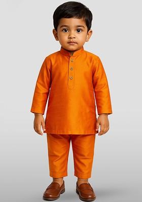 Orange Solid Blended Kurta Set For Boys