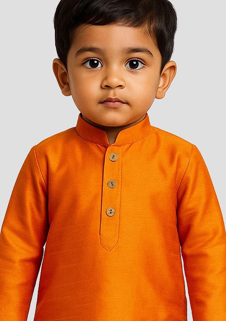 Orange Solid Blended Kurta Set For Boys - Indya