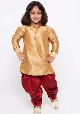 Rose Gold Embroidered Blended Kurta Dhoti Set For Boys