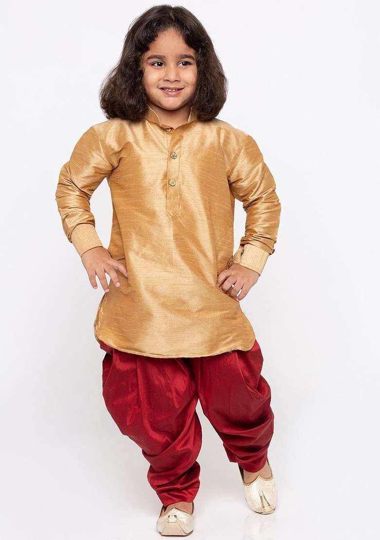 Rose Gold Embroidered Blended Kurta Dhoti Set For Boys - Indya