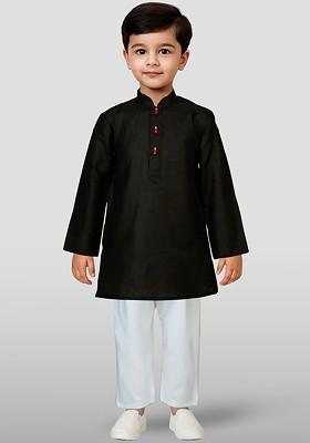 Black Embroidered Blended Kurta Set For Boys