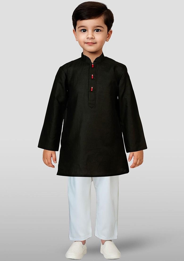 Black Embroidered Blended Kurta Set For Boys - Indya