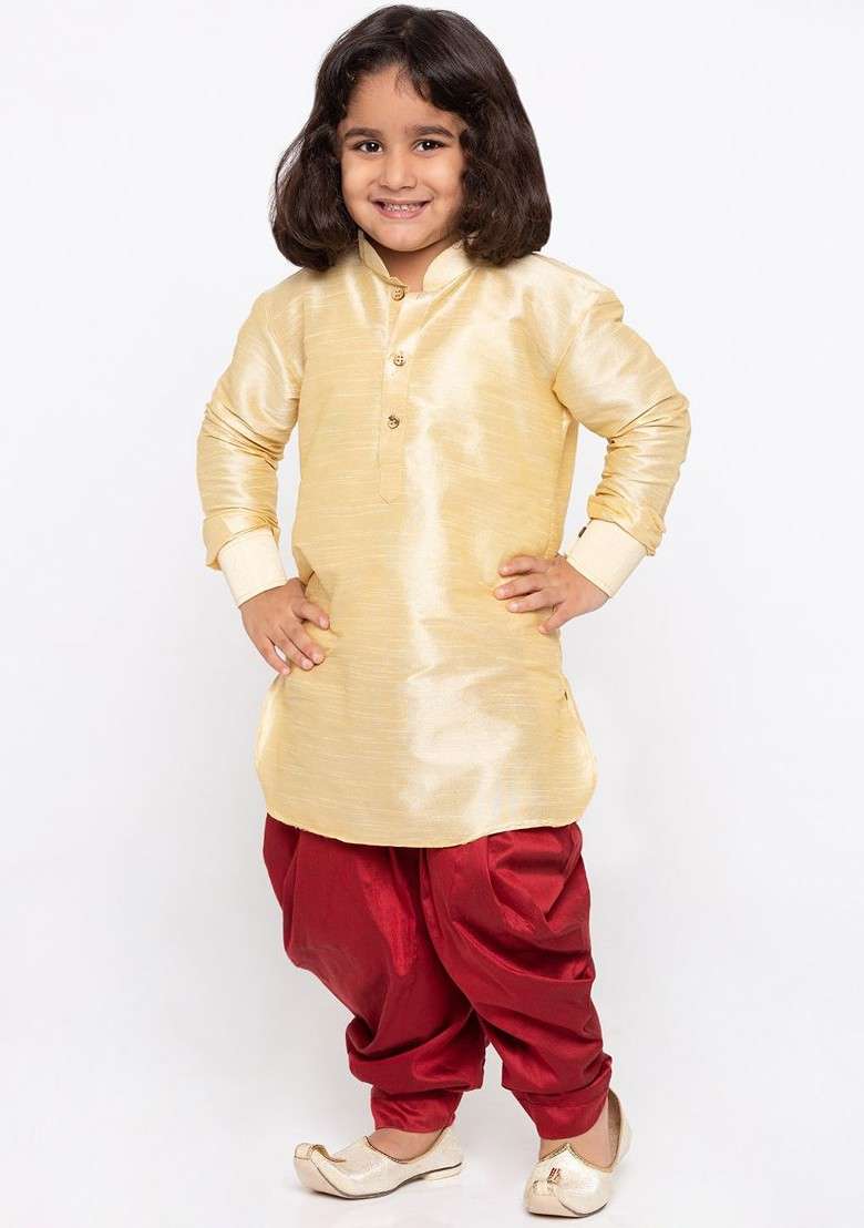 Gold Solid Blended Kurta Dhoti Set For Boys - Indya