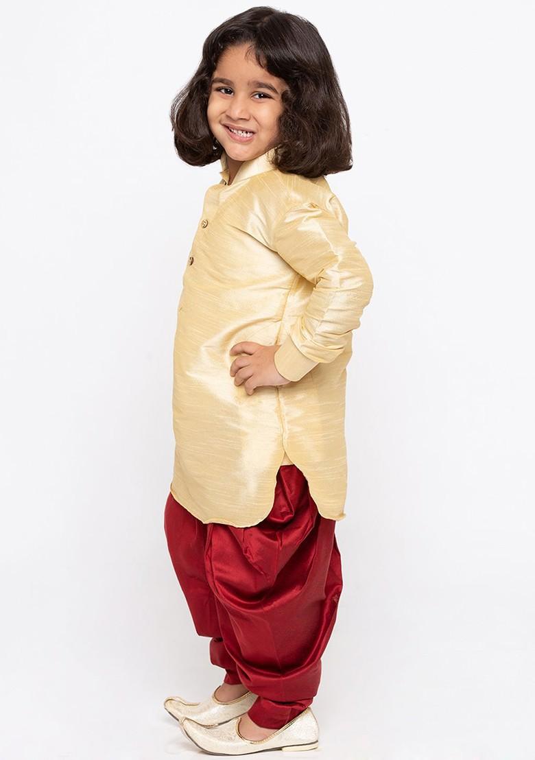 Gold Solid Blended Kurta Dhoti Set For Boys - Indya