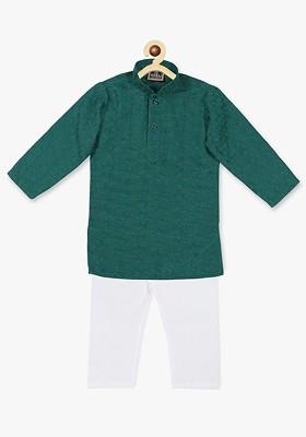 Teal Embroidered Blended Kurta Set For Boys