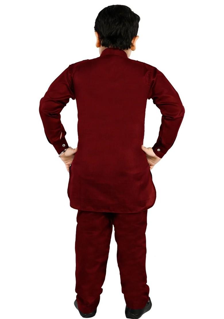 Maroon Embroidered Cotton Kurta Set For Boys - Indya